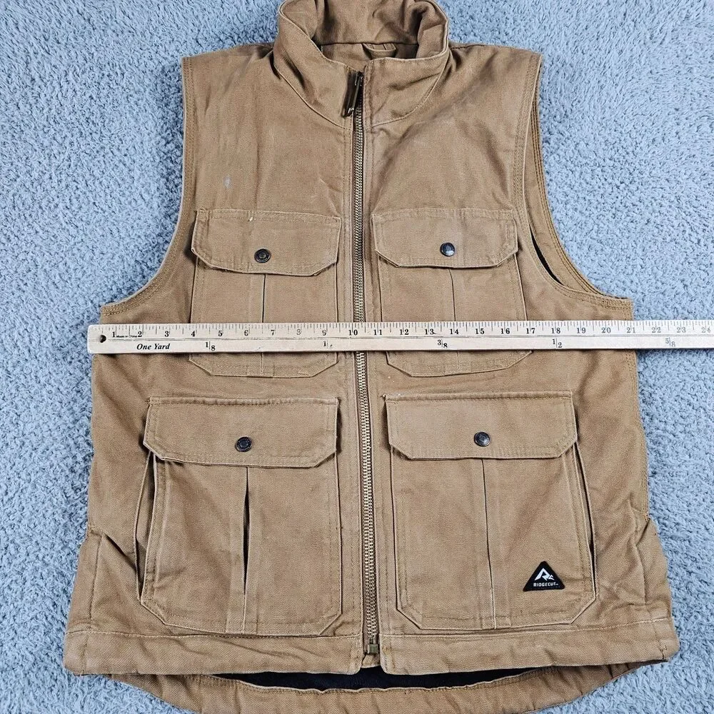 Ridgecut Vest Mens Medium Tan Duck Canvas Utility Workwear Chore Lined Full Zip